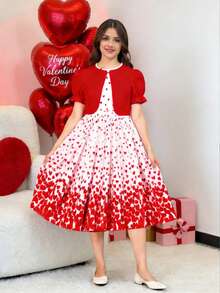 少女度假休闲舒适红色泡泡袖开衫搭配渐变红色褶皱印花连衣裙，适合日常度假穿着 - 紅色 - 查看 4