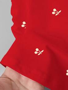 Resyla Versatile Short Sleeve Blouse With Gathered Waist, All-Over Cherry Print, For Summer - Red - View 3