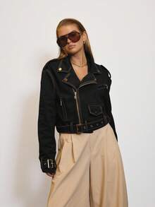 Aralina Chaqueta corta de mezclilla de motociclista con detalles de ribete dorado, para invierno/verano - Negro - Ver 7