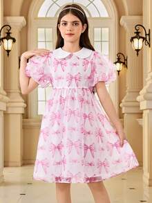 SHEIN 少女優雅蝴蝶結圖案花瓣袖公主裙 - 粉色 - 查看 2