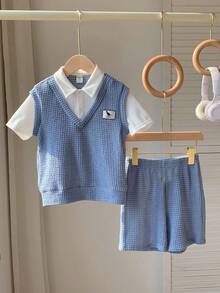 SHEIN 2 Stücke/Set Kleine Jungen Lässig Komfortable Mode Minimalistisch Praktisch Vielseitig Waffel Stoff Buchstaben Grafik Kurzarm T-Shirt und Shorts Set, geeignet für den täglichen Gebrauch, Schule, Ausflüge, Sport, Frühling/Sommer - Blau - Übersicht 5