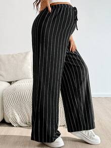 SHEIN 春季女士孕妇抽绳腰条纹休闲宽松阔腿裤，高个阔腿裤 - 黑色 - 查看 1
