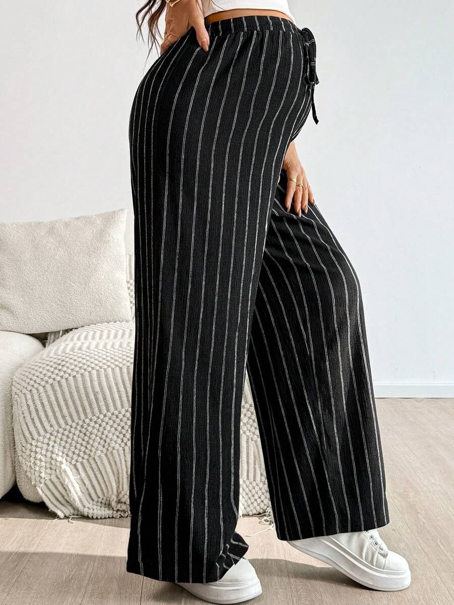 SHEIN 春季女士孕妇抽绳腰条纹休闲宽松阔腿裤，高个阔腿裤 - 黑色 - 查看 1