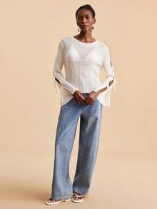 Travachic Women's Casual White Semi Sheer Ribbed Knit Top With Lace Up Back And Bell Long Sleeves - White - View 7