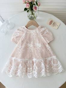 LMoss Kids 女婴圆领泡泡袖花卉刺绣网纱可爱连衣裙 - 白色 - 查看 7