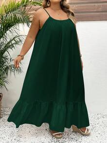 SHEIN CURVE+ Solid Color Plus Size Tank Top Swing Dress,Long Vacation Dress, Wedding Anniversary, White Dress, Long White Dress Boho Vacation, Summer Dresses - Dark Green - View 7
