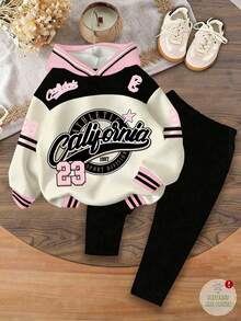 2件套女婴休闲复古字母数字图案宽松连帽卫衣和打底裤套装 - 彩色 - 查看 2