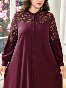 SHEIN Lacomfia 大码女式优雅宽松衬衫裙，立领长袖刺绣镂空蕾丝拼接，日常百搭 - 酒紅色 - 查看 4