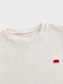 ESTAVOR Men Textured Fabric Bear Embroidered Logo Ribbed Crewneck Long Sleeve T-Shirt Fall Casual Streetwear Slim Fit Top - White - View 3