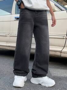 Little Byeori 青少年男孩时尚休闲 Y2K 复古酷炫街头基础款简约舒适黑色牛仔宽松直筒牛仔裤，适合日常穿着、春夏锐舞节和街头服饰。 - 黑色 - 查看 4