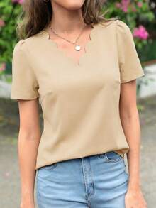 SHEIN Clasi 女士休闲纯色饰边短袖衬衫，夏季 - 杏色 - 查看 3