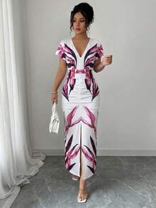 Elenzga V-Neck Waist Gathered Pleated Bodycon Elegant Romantic Sophisticated Women Dress, Suitable For Vacation - Multicolor - View 6