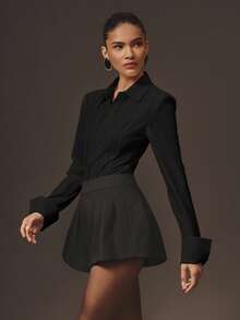 Hauture Women's Sexy Office Casual Bold Shoulder With Boning Long Sleeves Shirt Bodysuit - Black - View 5