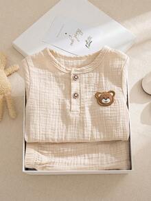 Souflis Souflis 2件套可爱小熊图案男婴法式休闲短袖T恤和裤子套装 - 杏色 - 查看 1