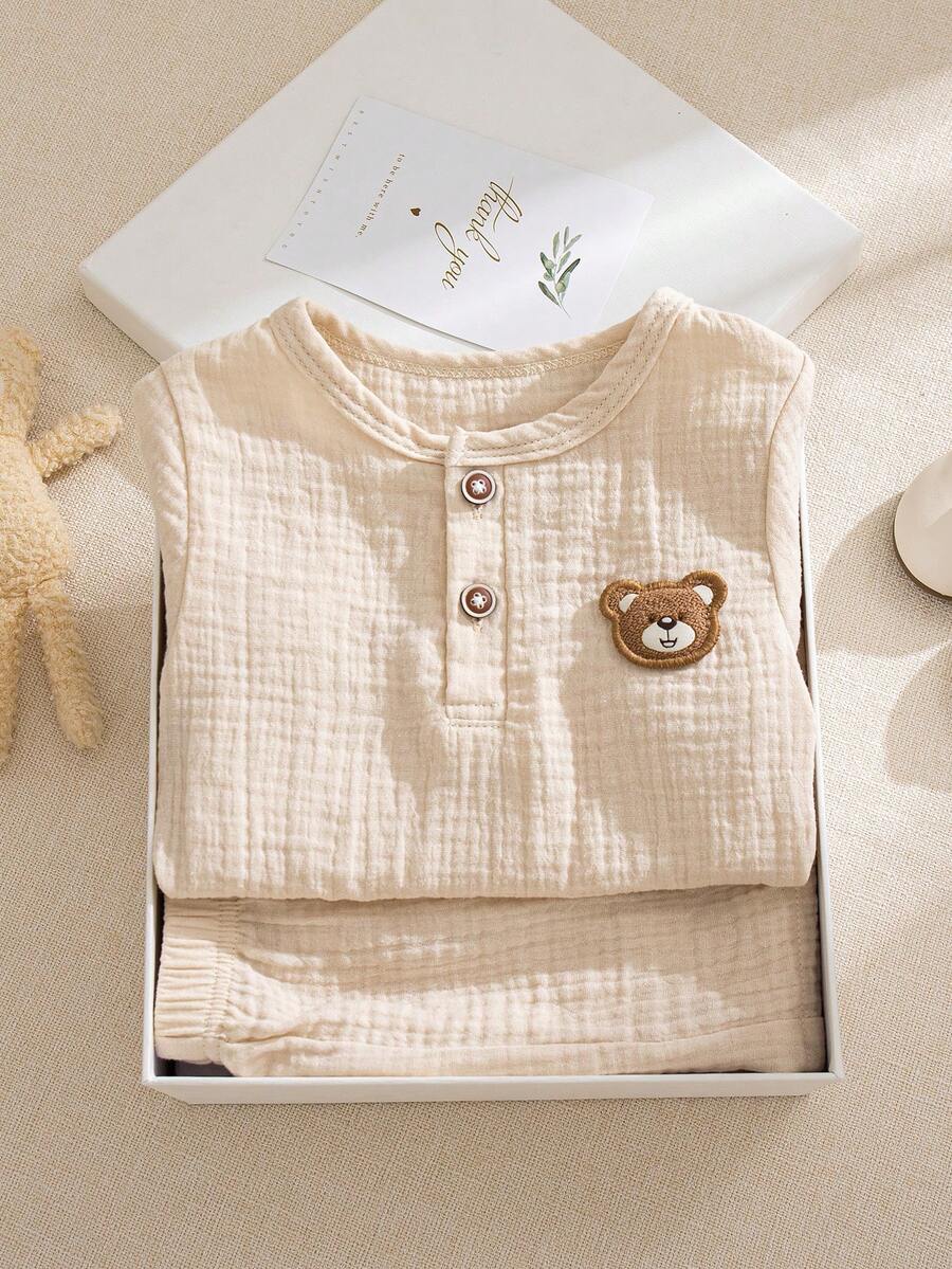 Souflis Souflis 2件套可爱小熊图案男婴法式休闲短袖T恤和裤子套装 - 杏色 - 查看 1