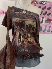 Glimmora 女士字母印花斜肩短袖宽松时尚T恤 - 彩色 - 查看 5