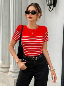 Pariaura Women's Summer Striped Print Contrast Color Bow Decor Fitted Short Sleeve T-Shirt - Red - View 6