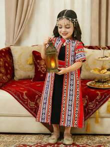 Bohemian Style Geometric Print Shawl & Dress Set, Comfortable Casual Holiday/Festival Outfit For Young Girls Kids Arabic Dress - Black - View 5