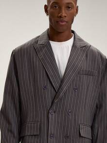 Musero Men Pinstripe Pocket Detail Oversized Tailored Blazer Autumn Winter Smart Casual Tailoring Suits - Dark Grey - View 2