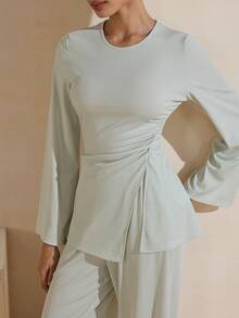 Graceveil 两件套修身休闲舒适针织上衣和宽松裤子女士阿拉伯风格套装 - 綠色 - 查看 7