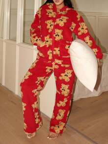 Lowkey Lull Bộ đồ ngủ nữ FamilyFrolics hình tai gấu bông, bộ đồ ngủ gia đình đồng bộ, 2 món mềm mại và thoải mái dành cho nữ, phong cách mùa thu thanh lịch. - Đỏ - Xem 4