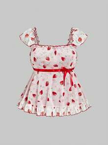 ROMWE Kawaii 大码女式可爱“娃娃衬衫”草莓印花，撞色蕾丝，度假风，适合春夏穿着 - 粉色 - 查看 11