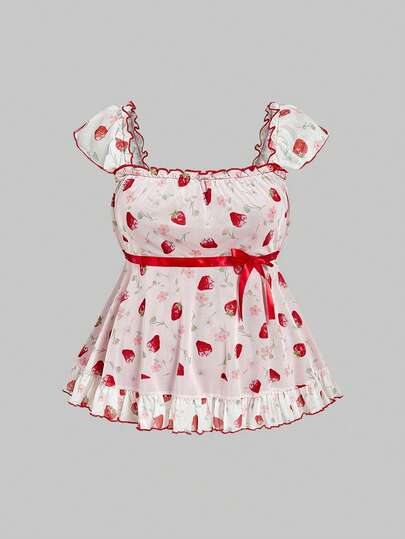 ROMWE Kawaii Spring / Summer Plus Size Women's Cute "Doll Shirt" Strawberry Print, Contrast Lace, Vacation Vibe, Suitable For Spring/Summer Valentine's Day