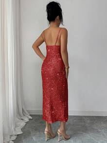 Elenzga 女士亮片细肩带可调节露背垂褶领口褶皱腰身中长连衣裙，优雅法式复古街头风简约时尚，适合冬季、万圣节、圣诞节、感恩节、下午茶派对、半正式场合、性感派对舞会、秋冬季穿着。 - 紅色 - 查看 2