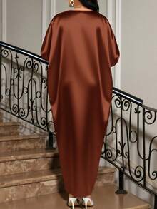 SHEIN Lady 四季皆宜的节日礼服/婚礼宾客/礼服/舞会礼服/金色/晚宴礼服/金色女士缎面提花前开衩连衣裙，休闲派对优雅 - 鏽棕色 - 查看 2