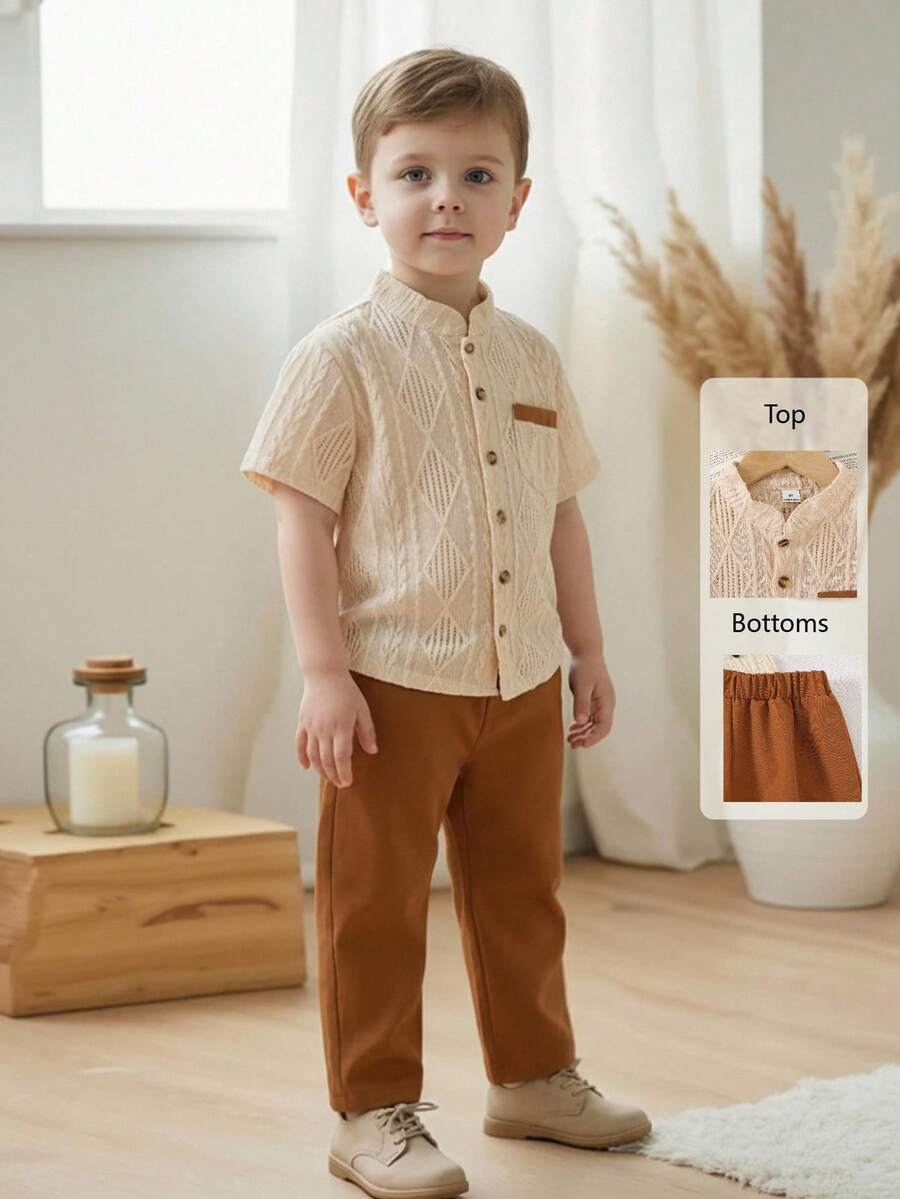 2pcs Young Boys Collared Short Sleeve Jacquard Knit Shirt With Pocket + Elastic Waist Wide Leg Pants Casual Suit, Brown & Khaki, Suitable For Spring/Summer Everyday Wear - Khaki - View 1