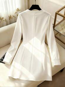 GlowEve 女士梭织面料圆领撞色缎面珍珠蝴蝶结肩部装饰长袖收腰带口袋A字短款优雅派对圣诞节情人节鸡尾酒会连衣裙，秋冬春季 - 彩色 - 查看 2