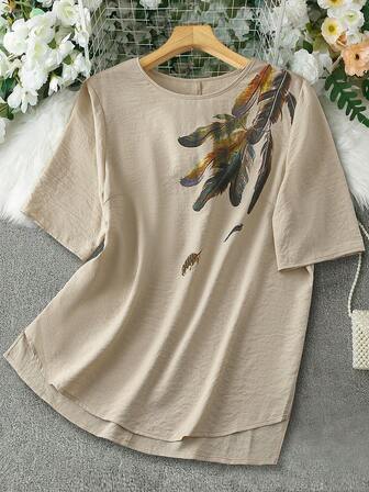 Linhara Camisa con estampado de plumas de colores para mujer talla grande, de estilo minimalista zen, elegante y casual, ideal para ir al trabajo o de vacaciones