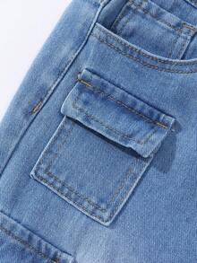 Tween Boy Cool Multi-Pocket Casual Street Style Drawstring Waist Washed Blue Denim Jeans - Light Wash - View 3