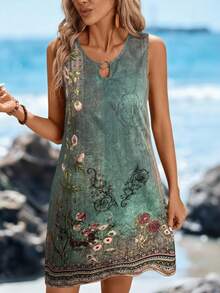 Sylviya 女士圆领金属环装饰A字无袖休闲迷你连衣裙，碎花印花，优雅适合度假和外出。 - 彩色 - 查看 4