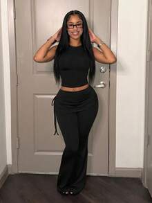 Slaydiva 早春新款，春夏音乐节，情人节，复活节休闲风，简约基础款，Y2K街头甜美风，网红热销款，日常约会，辣妹风，性感运动风，低腰，喇叭腰，侧系带设计，黑色长裤，女士长裤 -A - 黑色 - 查看 6