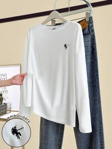 GlowEve 女士春夏新款优雅法式简约白色刺绣休闲宽松圆领长袖T恤，适合日常穿着。这款长袖T恤是女士长袖上衣的理想之选，白色刺绣上衣，休闲百搭，男女皆宜。 - 白色 - 查看 3