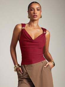 Hauture Women's Basic Casual Office Ruched Shoulder With Gold Decor Cowl Neck Top - Red - View 4