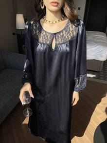 DAZY Charming Sheer Lace Patchwork Satin Glossy Teardrop Hollow Neck Puff Sleeve Mid-Length Women Nightgown - Navy Blue - View 4