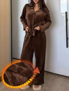 DAZY 2pcs/Set Women Winter Plush Contrast Trim Pajama Set - Brown - View 1