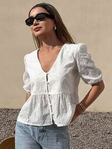DAZY Women's Embroidered V-Neck Loose Casual Vacation Style Short Sleeve Blouse - White - View 5