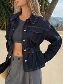 DAZY Women's Turndown Collar Elastic Waist Ruffle Hem Short Elegant Washed Denim Cropped Top Long Sleeve - Dark Wash - View 1