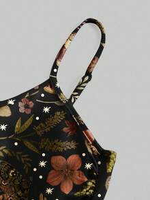 ROMWE Fairycore 大码花卉、叶子和蝴蝶印花褶皱吊带连衣裙，性感细肩带低胸派对鸡尾酒裙 - 黑色 - 查看 3