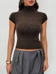 SHEIN Tall 女士秋冬短袖高领修身薄款抓绒针织衫，春夏皆宜 - 咖啡棕 - 查看 3