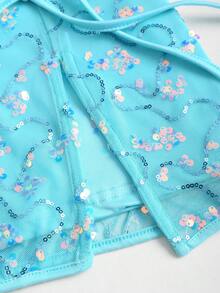 SHEIN Sweetro 女士夏季时尚度假派对亮片拼接蝴蝶结开衩迷你裙 - 藍色 - 查看 3