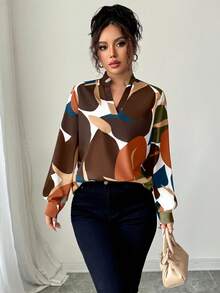 Elenzga Blusa holgada con estampado todo sobre, cuello con muesca y mangas farol, estilo casual de vacaciones para mujer, primavera/otoño