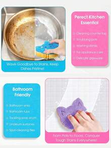 3pcs/Pack Cute Cartoon Cat Face Multi-Functional Dual-Layer Temperature Sensitive Dish Scrubbing Sponge - Strong Decontamination, For Kitchenware, Applicable For Modern Kitchen Sink - Multicolor - View 5