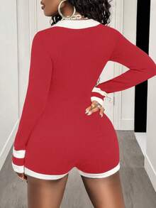 BamGleam Romper Wanita Model Terbaru Musim Gugur dengan Kerah Warna Kontras - Merah - View 2