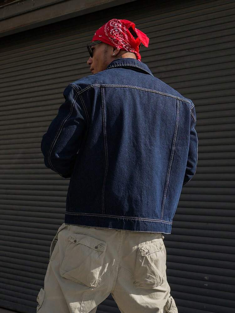 Men's Denim Jacket With Embroidered Lettering Pattern, Navy Blue, Suitable For Spring And Autumn