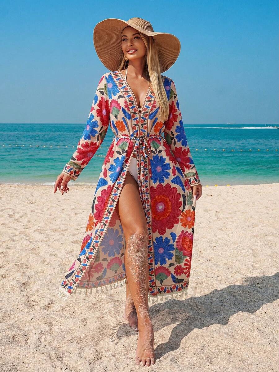Swim Lushoire Áo khoác kimono in hoa dành cho nữ, có thắt lưng rời, thích hợp cho đi biển, dự tiệc, kỳ nghỉ. - Nhiều màu - Xem 1