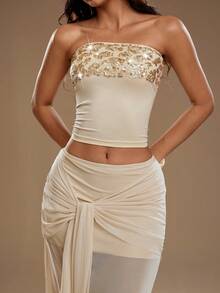 TRNVIE 夏季休闲度假女士金色宴会抹胸拼接串珠露背弹力腰带衬里和网纱系带扭结透明A字性感炸弹情人节波西米亚浪漫派对活动两件套 - 杏色 - 查看 1